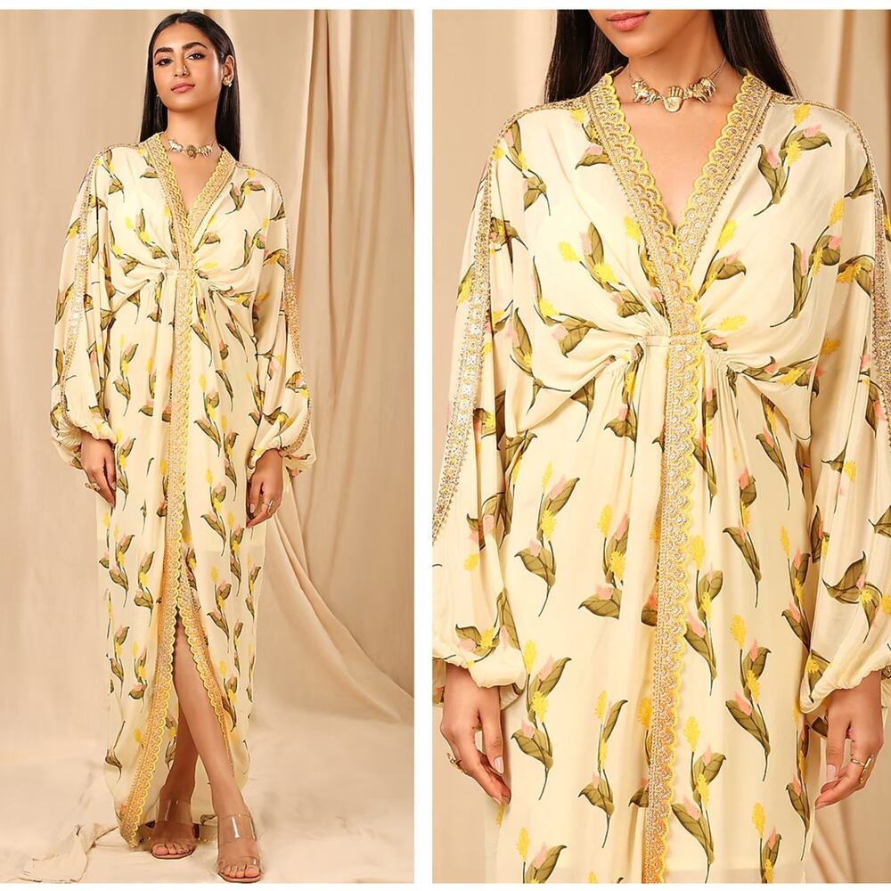 MASABA Ivory Yellow Floral Printed Kaftan Sz M NWT $276 {3Z27}
